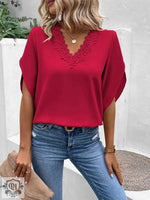 Women Clothing Summer Solid Color Lace V neck Flared Sleeves Loose Shirt Women Top - Quality Home Clothing| Beauty