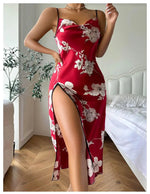 Sexy Print Suspender Summer Thin Breathable Imitated Silk Pajamas Women Backless Slit Slip Nightdress - Quality Home Clothing| Beauty