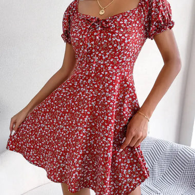 Spring Summer Casual Bell Sleeve Drawstring Lace Floral Print Large Swing Dress Independent Stand Women Clothing - Quality Home Clothing| Beauty