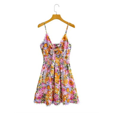 New Chest Bow Print Dress Fresh Sweet Women Clothing High Waist Backless Slim Fit A- line Dress Floral Burst - Quality Home Clothing| Beauty