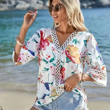 Summer Autumn Lace Bell Sleeve V Neck Loose Printed Chiffon Shirt - Quality Home Clothing| Beauty