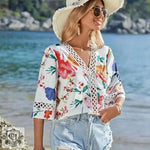 Summer Autumn Lace Bell Sleeve V Neck Loose Printed Chiffon Shirt - Quality Home Clothing| Beauty