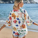 Summer Autumn Lace Bell Sleeve V Neck Loose Printed Chiffon Shirt - Quality Home Clothing| Beauty