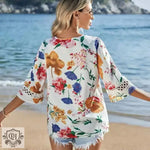 Summer Autumn Lace Bell Sleeve V Neck Loose Printed Chiffon Shirt - Quality Home Clothing| Beauty