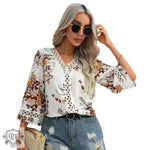 Summer Autumn Lace Bell Sleeve V Neck Loose Printed Chiffon Shirt - Quality Home Clothing| Beauty