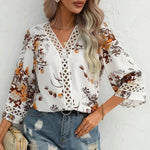 Summer Autumn Lace Bell Sleeve V Neck Loose Printed Chiffon Shirt - Quality Home Clothing| Beauty