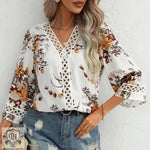 Summer Autumn Lace Bell Sleeve V Neck Loose Printed Chiffon Shirt - Quality Home Clothing| Beauty