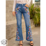 Floral Embroidered Slim Fit Flared Jeans - QH Clothing