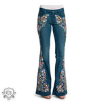 Floral Embroidered Slim Fit Flared Jeans - QH Clothing