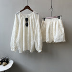 Floral Embroidery Top & Shorts Set - M / Ivory - Clothing