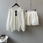 Floral Embroidery Top & Shorts Set - M / Ivory - Clothing