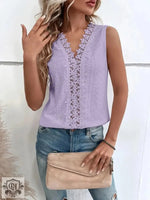 Women Clothing Summer V neck Stitching Hollow Out Lace Vest T Top Women - Quality Home Clothing| Beauty