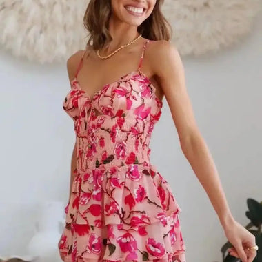 Women Floral Print Multi Layer Strap Backless Tiered Dress - Quality Home Clothing| Beauty