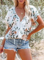 Printed Top Women Summer V-neck Half Cardigan Short Sleeve Loose Shirt Women - Quality Home Clothing| Beauty