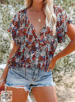 Printed Top Women Summer V-neck Half Cardigan Short Sleeve Loose Shirt Women - Quality Home Clothing| Beauty