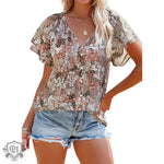 Printed Top Women Summer V-neck Half Cardigan Short Sleeve Loose Shirt Women - Quality Home Clothing| Beauty