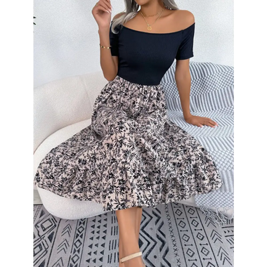 Spring Summer Casual off the Shoulder Floral Ruffled Mid Length Dress Women Clothing - Quality Home Clothing| Beauty