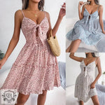 Spring Summer Floral Bow V-neck Ruffled Large Swing Dress Holiday Cami Dress Women Clothing - Quality Home Clothing| Beauty