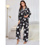 Women Spring Autumn Artificial Silk Plant Printed Long Sleeved Trousers Home Wear Suit - Quality Home Clothing| Beauty