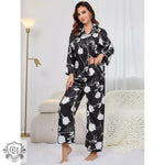 Women Spring Autumn Artificial Silk Plant Printed Long Sleeved Trousers Home Wear Suit - Quality Home Clothing| Beauty