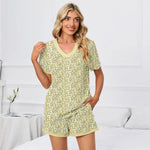 ​Leopard Print Pajama Set with Short Sleeve Top and Polka Dot Button Shorts -  QH Clothing