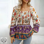 Printed Shirt Women Autumn Winter Square Collar Long Sleeve Top - Quality Home Clothing| Beauty