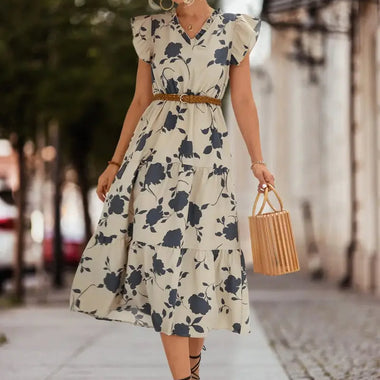 Spring Summer Popular V neck Printed Flying Sleeves Dress - Quality Home Clothing| Beauty