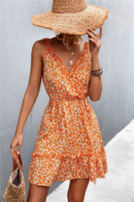 Spring Summer V-neck Lace-up Ruffled Floral Strap Dress - Quality Home Clothing| Beauty