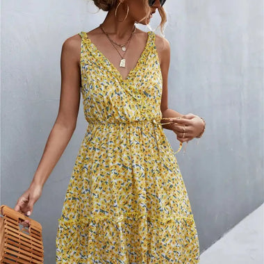 Spring Summer V-neck Lace-up Ruffled Floral Strap Dress - Quality Home Clothing| Beauty