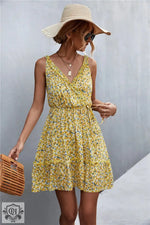 Spring Summer V-neck Lace-up Ruffled Floral Strap Dress - Quality Home Clothing| Beauty