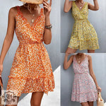 Spring Summer V-neck Lace-up Ruffled Floral Strap Dress - Quality Home Clothing| Beauty