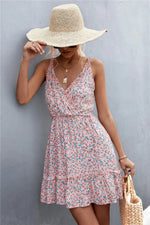 Spring Summer V-neck Lace-up Ruffled Floral Strap Dress - Quality Home Clothing| Beauty