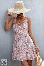 Spring Summer V-neck Lace-up Ruffled Floral Strap Dress - Quality Home Clothing| Beauty