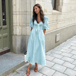 Summer French Elegant Dress Sexy Low Cut V neck Puff Sleeve High Waist Cotton Linen Dress - Quality Home Clothing| Beauty