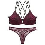 Front Closure Floral Lace Bra Set - 70B / Wine Red - Clothing