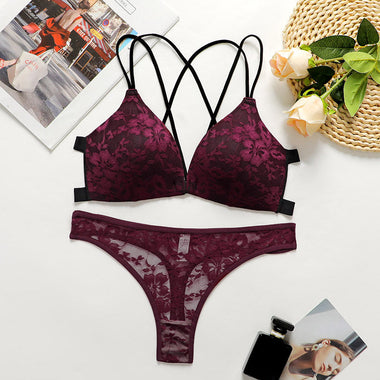 Front Closure Floral Lace Bra Set - Clothing