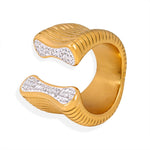 18K gold trendy and personalized geometric inlaid zircon and shell texture design open ring - QH Clothing