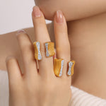 18K gold trendy and personalized geometric inlaid zircon and shell texture design open ring - QH Clothing