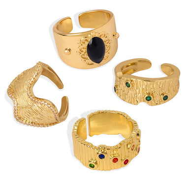 18K gold trendy and personalized irregular-shaped open ring with geometric bark pattern design - QH Clothing