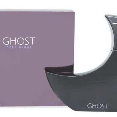 Crescent-shaped dark perfume bottle and box of Ghost Deep Night Eau de Toilette 75ml Spray