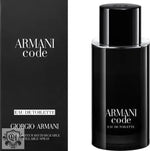 Black Armani Code Eau de Toilette bottle and box for Giorgio Armani refillable spray