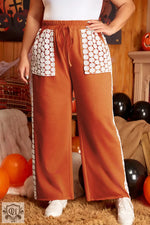 Gold Flame Plus Size Floral Crochet Patch Drawstring Wide Leg Pants - Gold Flame / 1X / 85% Polyester + 10% Cotton + 5%