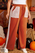 Gold Flame Plus Size Floral Crochet Patch Drawstring Wide Leg Pants - Plus Size/Plus Size Bottoms