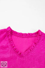 Hot pink V-neck top with ruffle trim from Gold Metallic Frilled Babydoll Blouse