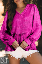 Bright fuchsia blouse with ruffled V-neck and gold metallic frilled puff sleeves