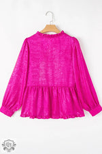 Hot pink velvet peplum blouse with long sleeves and ruffled hem, perfect for relax relax