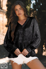 Black velvet peasant blouse with ruffles and billowy sleeves, gold metallic frilled design