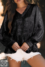 Black Velvet V-neck Blouse with Puff Sleeves and Gathered Waist in Gold Metallic Frilled design