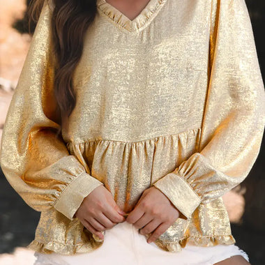 Cream-colored gold metallic frilled V-neck puff sleeve babydoll blouse with gathered waist