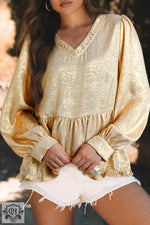 Cream-colored gold metallic frilled V-neck puff sleeve babydoll blouse with gathered waist